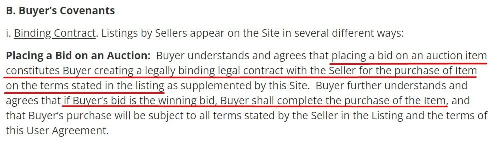 Gun Broker User Agreement: Buyers Covenants clause