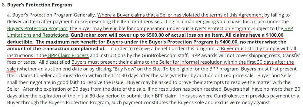 Gun Broker User Agreement: Buyers Protection Program clause