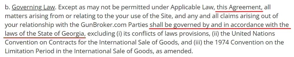 Gun Broker User Agreement: Governing Law clause