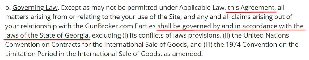 Gun Broker User Agreement: Governing Law clause