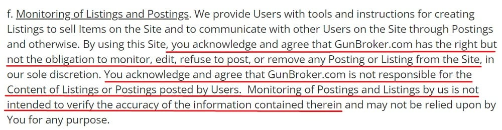 Gun Broker User Agreement: Monitoring of Listings and Postings clause
