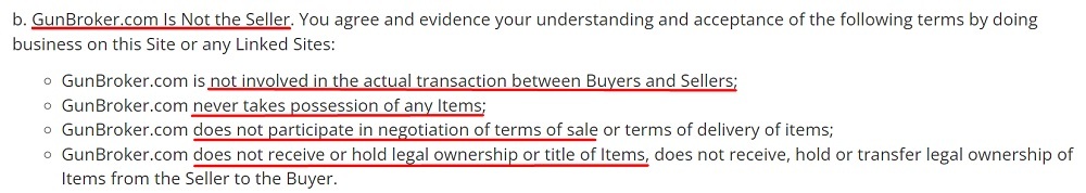 Gun Broker User Agreement: Not the seller clause