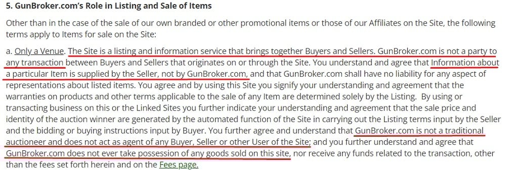 Gun Broker User Agreement: Gun Brokers Role in Listing and Sale of Items clause