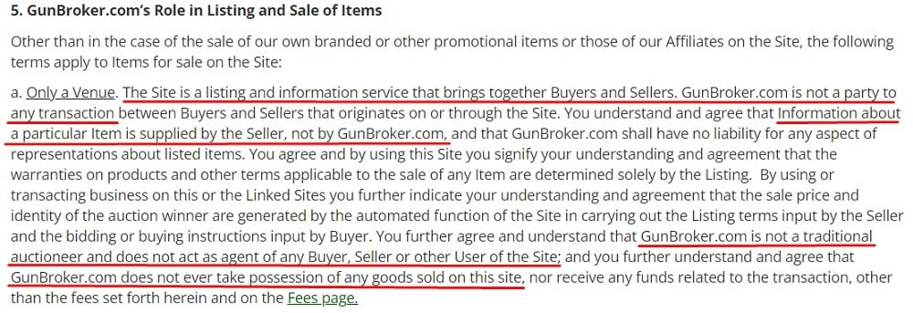 Gun Broker User Agreement: Gun Brokers Role in Listing and Sale of Items clause