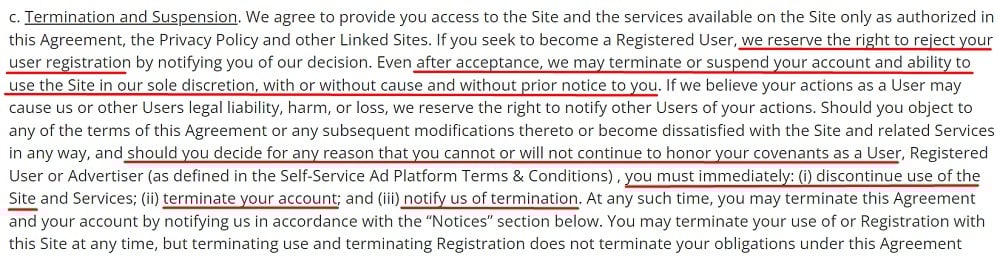 Gun Broker User Agreement: Termination and Suspension clause