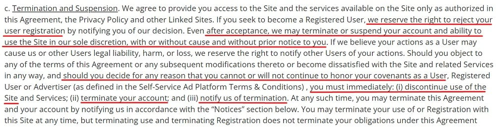 Gun Broker User Agreement: Termination and Suspension clause