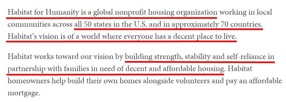 Habitat for Humanity About Us page excerpt