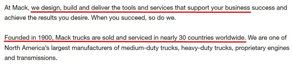 Mack Truck About Us page excerpt
