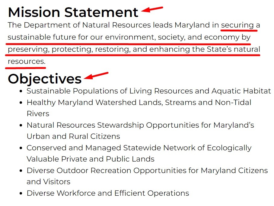 Maryland Department of Natural Resources About Us page: Mission statement and objectives excerpt