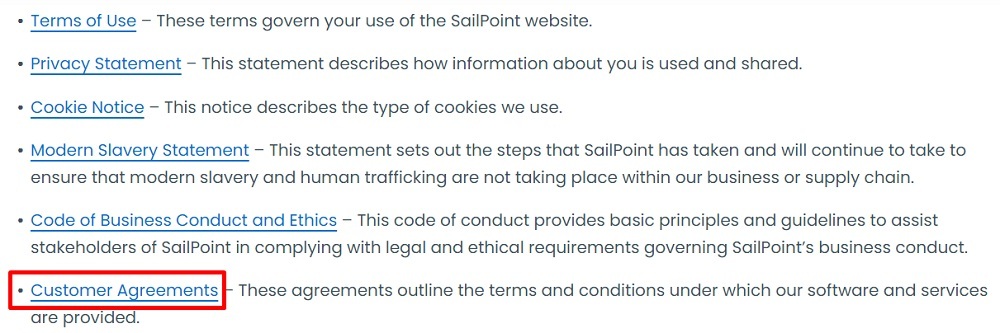 SailPoint Legal menu with Customer Agreements link highlighted