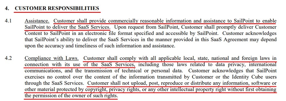 SailPoint SaaS Agreement: Customer Responsibilities clause excerpt