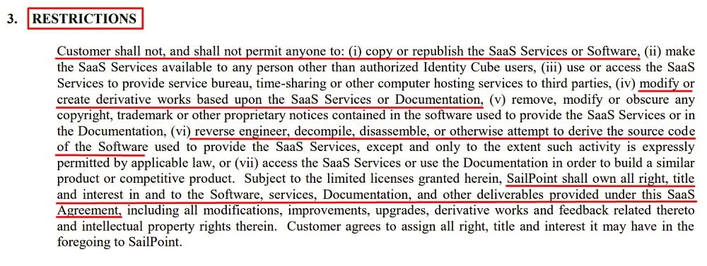 SailPoint SaaS Agreement: Restrictions clause