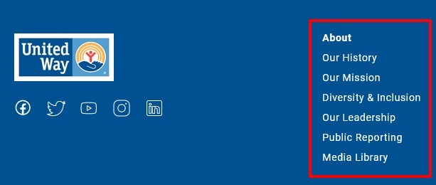 United Way website footer with About links highlighted
