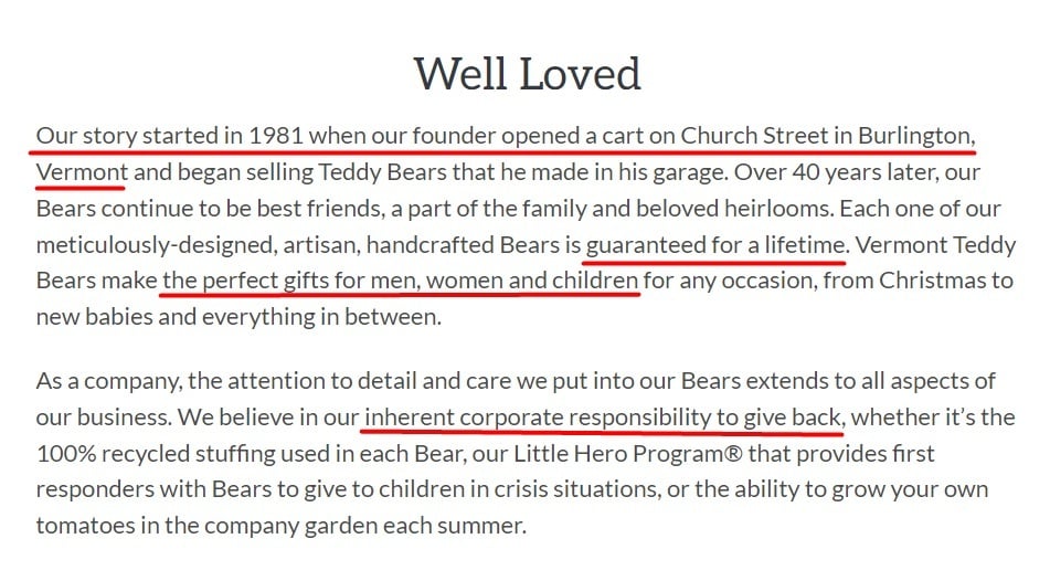 Vermont Teddy Bear About Us Who We Are page excerpt