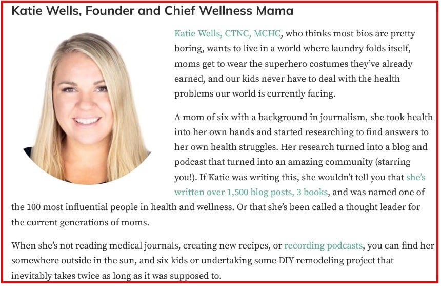 Wellness Mama About Us page: Bio section