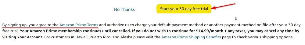 Amazon Prime Free Trial page with Terms link highlighted