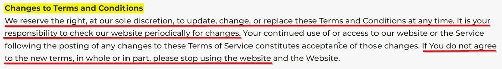 The Way Forward Terms of Service: Changes to Terms and Conditions clause