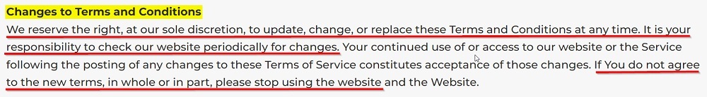 The Way Forward Terms of Service: Changes to Terms and Conditions clause