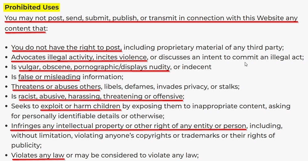 The Way Forward Terms of Service: Prohibited Uses clause