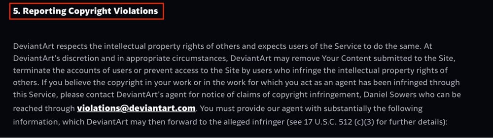 DeviantArt Terms of Service: Reporting Copyright Violations clause