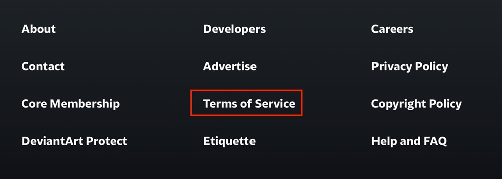 DeviantArt website footer with Terms of Service link highlighted
