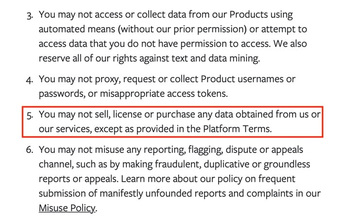 Facebook Terms: Sell, license and purchase data prohibited section