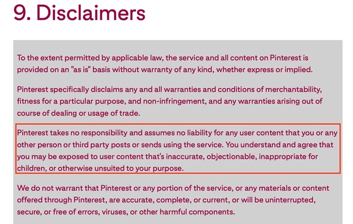 Pinterest Terms of Service: Disclaimer clause