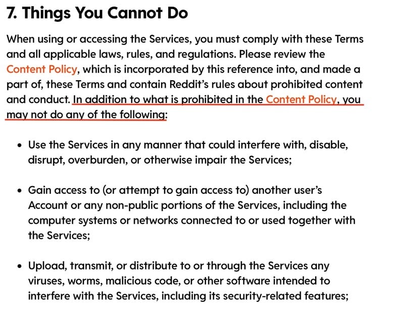 Reddit User Agreement: Things you cannot do clause excerpt