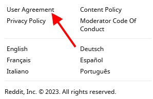 Reddit website sidebar links list with User Agreement link highlighted