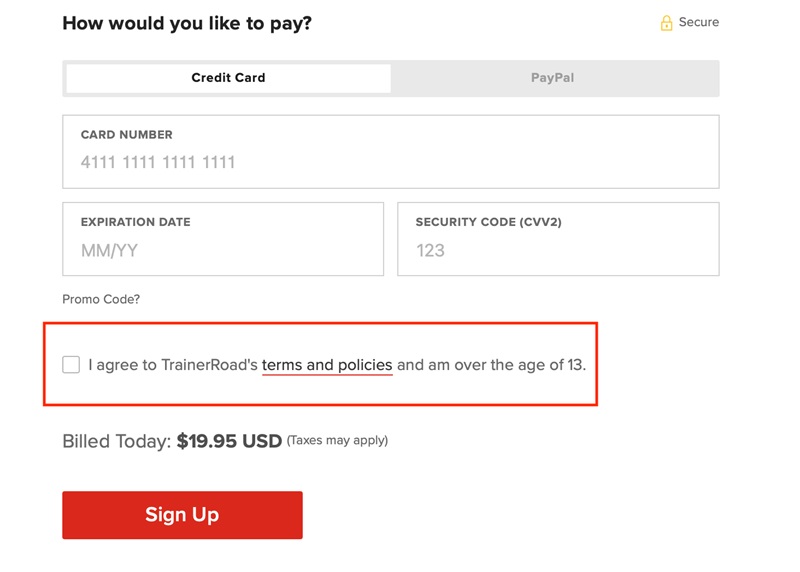 TrainerRoad account sign-up form with agree checkbox highlighted