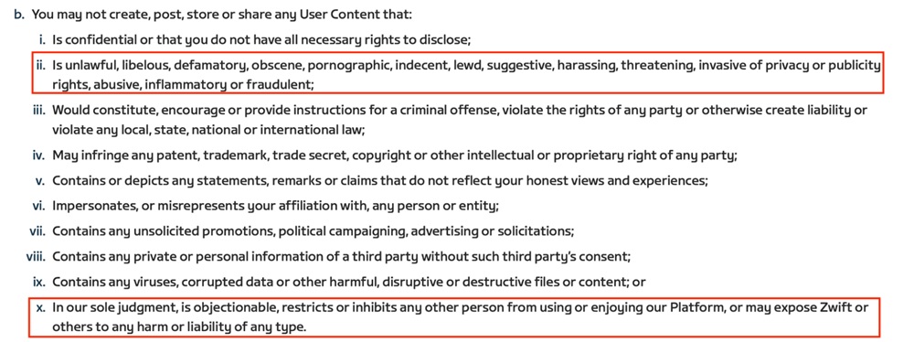 Zwift Terms of Service: Prohibited Conduct and Content clause excerpt