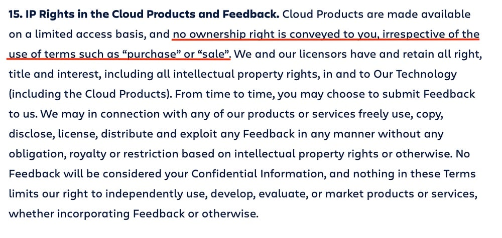 Atlassian Terms of Service: IP Rights in the Cloud Products and Feedback clause