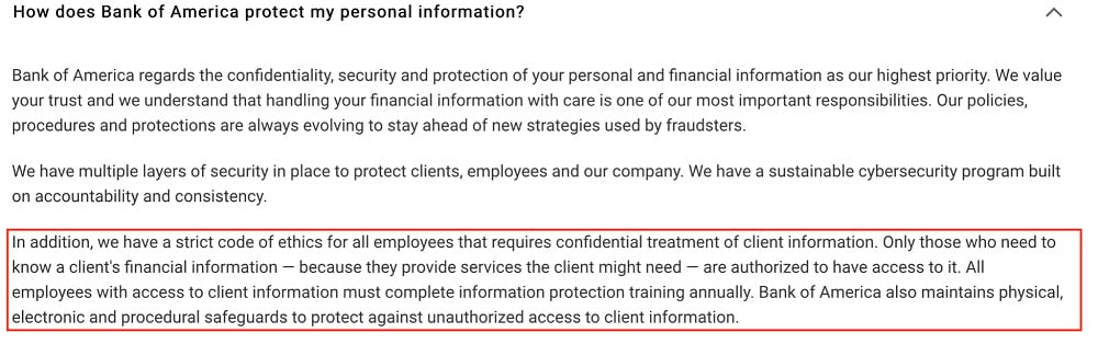 Bank of America FAQ: How does Bank of America protect my personal information section