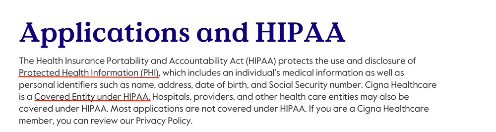 Cigna Healthcare Applications and HIPAA page excerpt