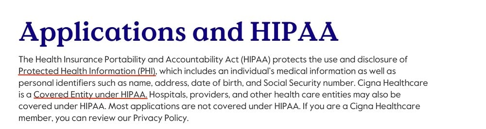 Cigna Healthcare Applications and HIPAA page excerpt