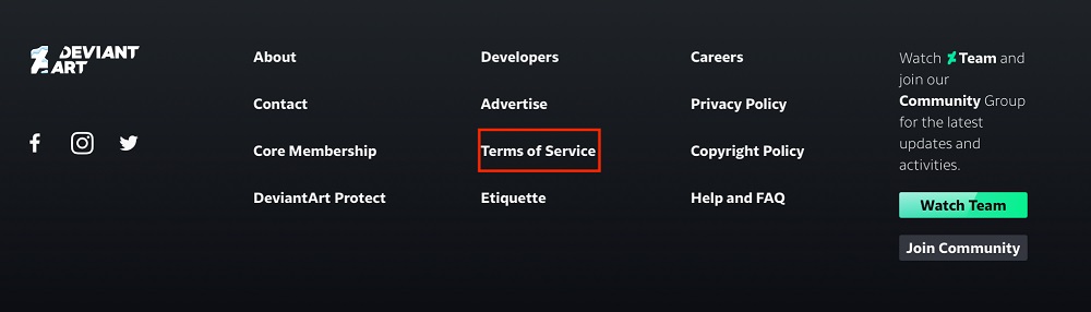 DeviantArt website footer with Terms of Service link highlighted