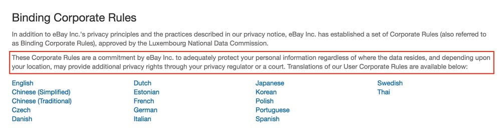 eBay Privacy Center: Binding Corporate Rules section