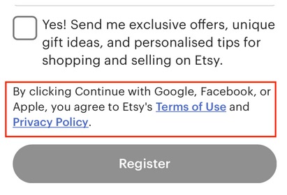 Etsy account sign-up form with legal agreement links highlighted