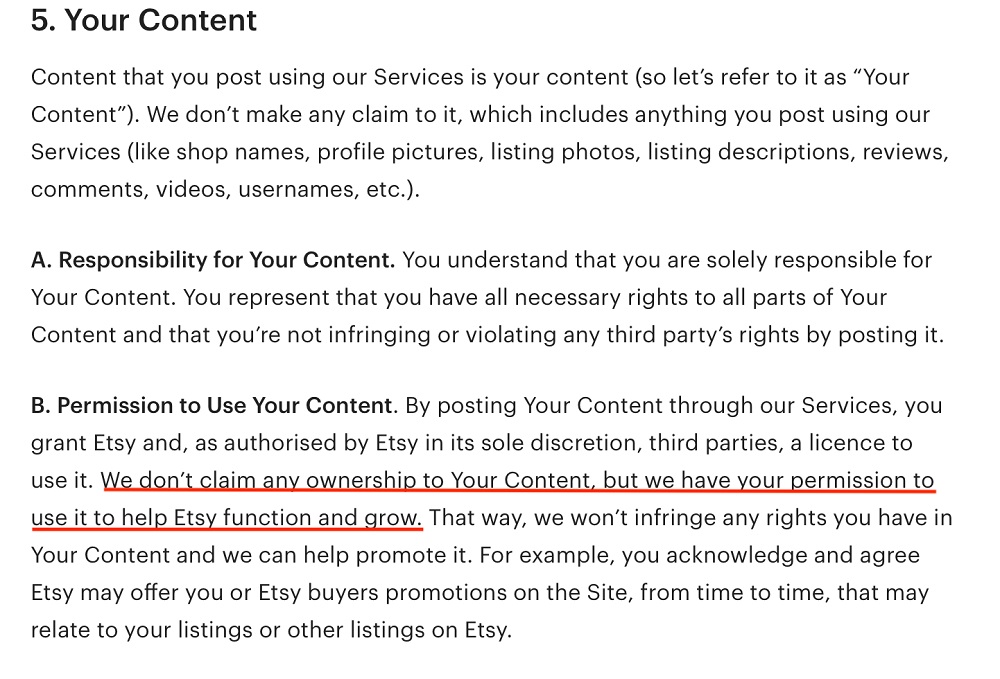 Etsy Terms of Use: Your Content section