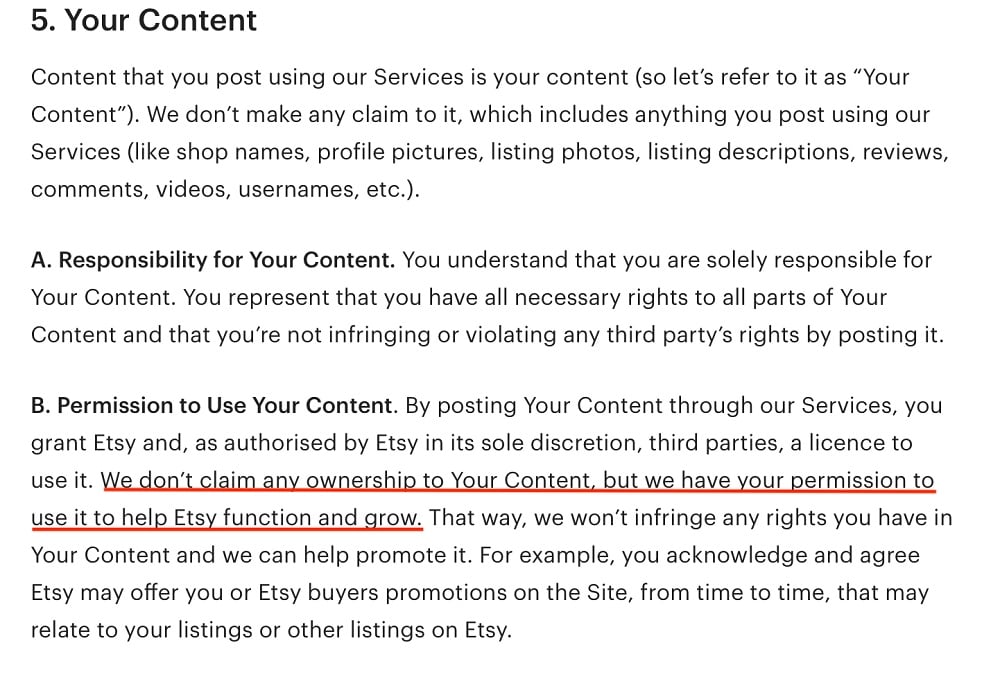 Etsy Terms of Use: Your Content section