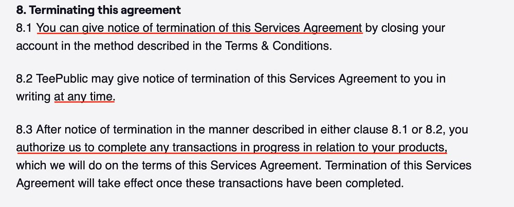 TeePublic Terms and Conditions: Terminating this agreement clause