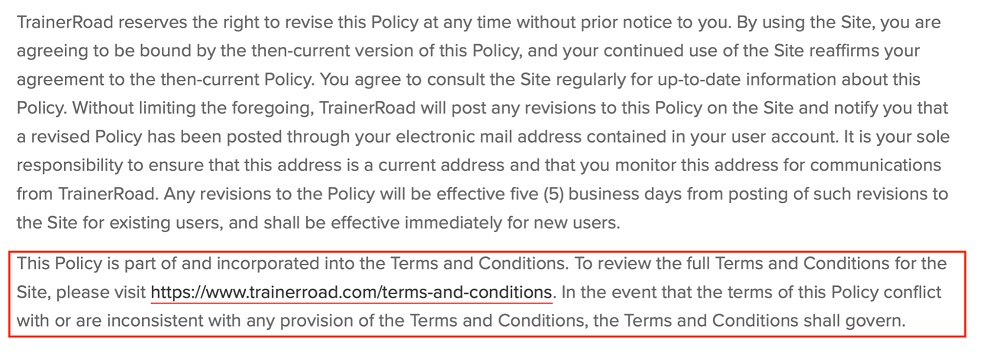 TrainerRoad Privacy Policy: Terms and Conditions link highlighted