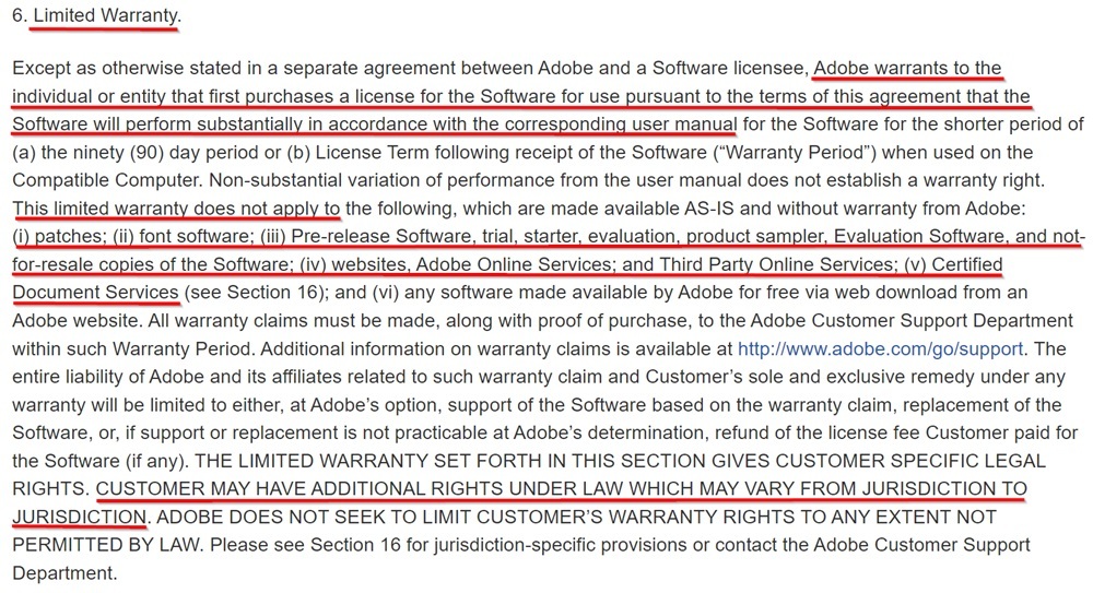 Adobe EULA: Limited Warranty clause
