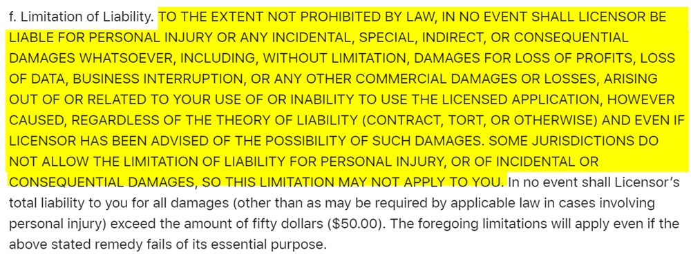 Apple EULA: Limitation of Liability clause with all-caps highlighted