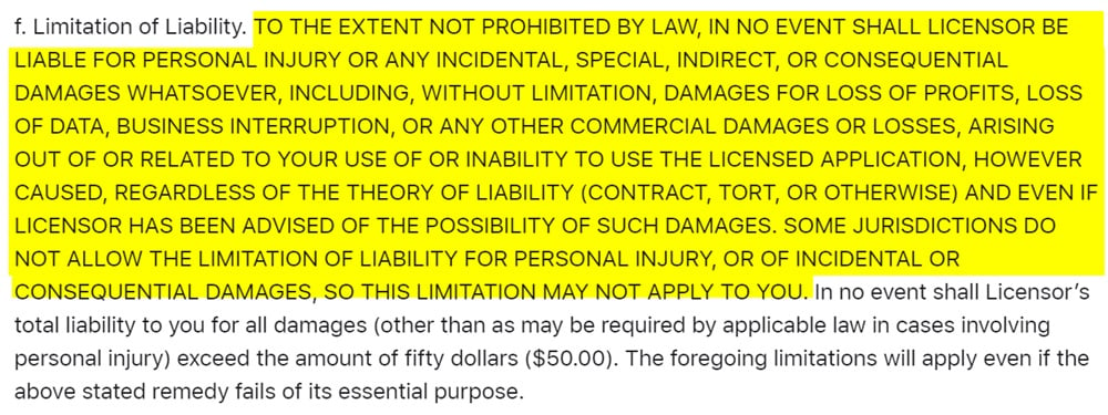 Apple EULA: Limitation of Liability clause with all-caps highlighted