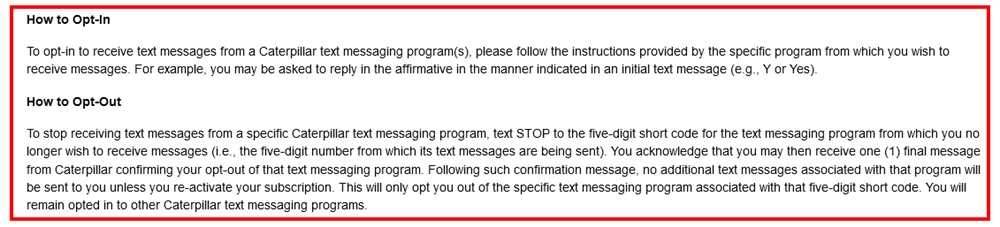 Caterpillar SMS Terms and Conditions: Opt in and Opt out clauses