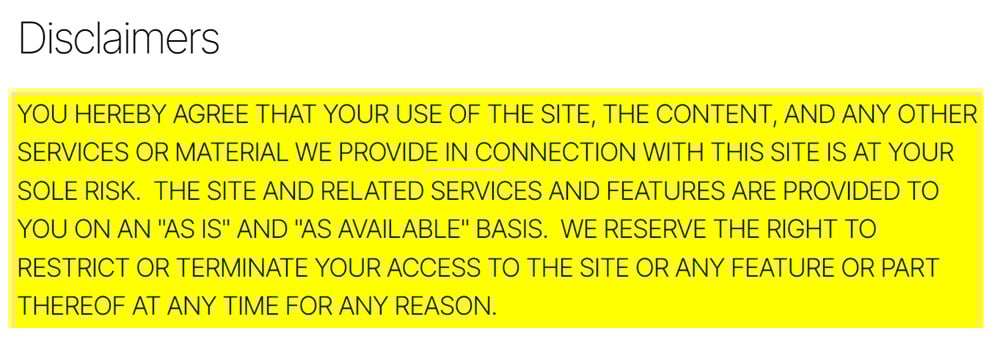 Dana Terms of Use: Disclaimers clause in all-caps