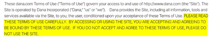 Dana Terms of Use intro text with all-caps highlighted