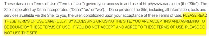 Dana Terms of Use intro text with all-caps highlighted