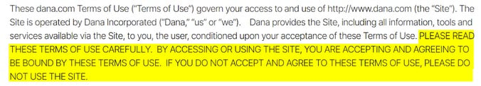 Dana Terms of Use intro text with all-caps highlighted